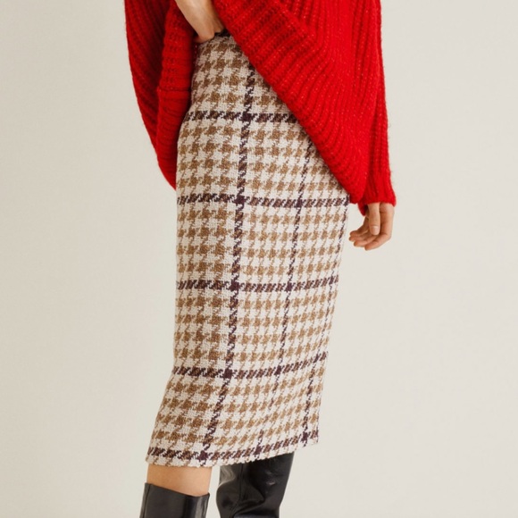 NWT Mango Women’s Houndstooth Brown and Cream Women's Long Pencil Skirt - Picture 1 of 9